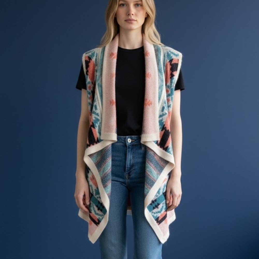 GIDDY UP GLAMOUR Southwestern Cowgirl Draped Sleeveless Mohair Cardigan